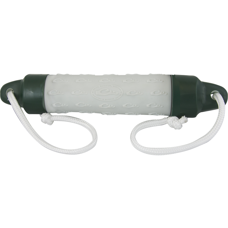A Stage 4 Retrieve-Rite Bumper with rubber construction and hard plastic end caps. Features soft rubber mid-section and 2 rope ends for easy retrieval. Dimensions: 2