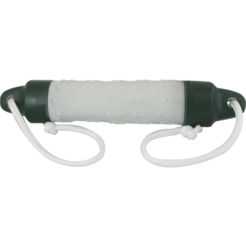 A Stage 4 Retrieve-Rite Bumper with rubber construction and hard plastic end caps. Features soft rubber mid-section and 2 rope ends for easy retrieval. Dimensions: 2
