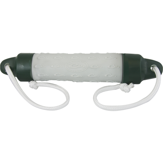 A Stage 4 Retrieve-Rite Bumper with rubber construction and hard plastic end caps. Features soft rubber mid-section and 2 rope ends for easy retrieval. Dimensions: 2" Wide x 11" Long.