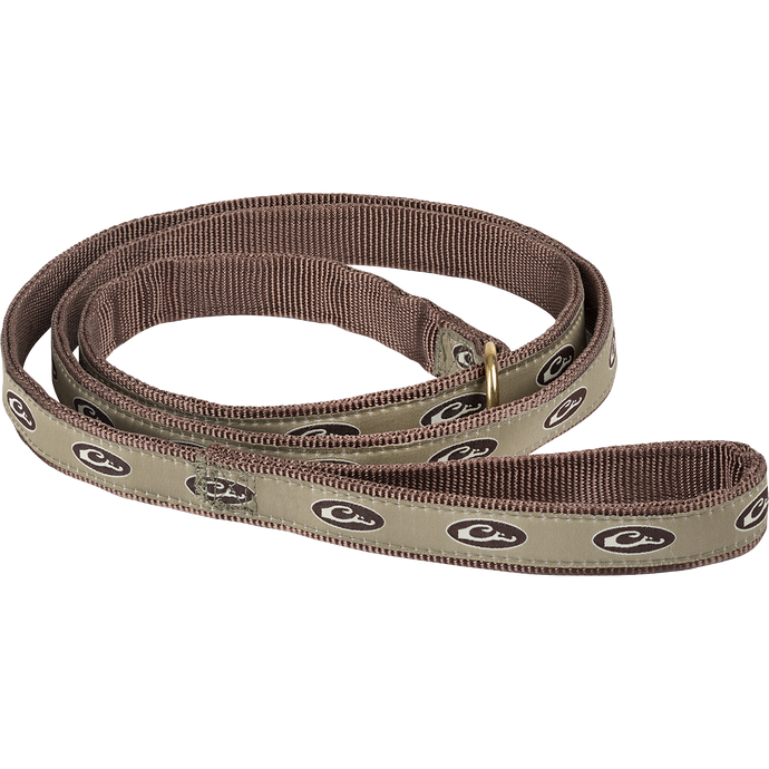 A 6-foot slip leash with brass hardware and Drake Waterfowl logo. Nylon webbing leash for discouraging pulling during walks.