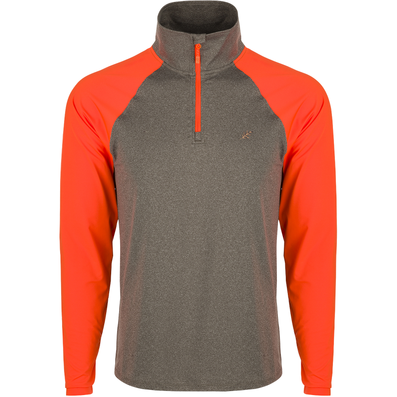 A versatile and comfortable McAlister EST 1/4 Zip Performance Upland Shirt, ideal for layering or wearing alone. Features 4-way stretch, moisture-wicking fabric, and antimicrobial treatment. Raglan sleeves and integrated thumb loops for increased range of motion. Hi-Vis Blaze Orange shoulders and arms.