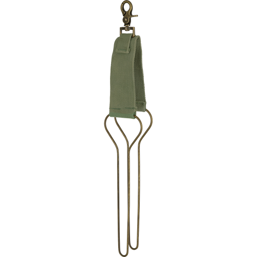 McAlister Game Bird Totes: Green fabric strap, metal bars, and a green tie on solid metal hardware with a brass clip. 100% cotton webbing.