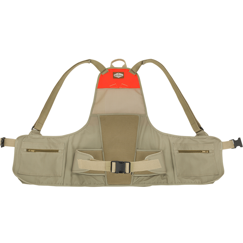 McAlister Upland Strap Vest with pockets, water bottle pocket, hip belt, shoulder straps, cargo pockets, game bag, and cargo pocket.