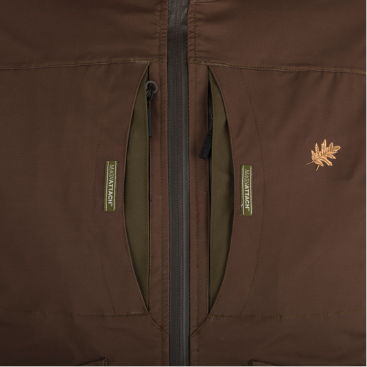 McAlister G3 Flex 3-in-1 Waterfowler's Jacket - Close-up of a versatile bag with a zipper, brown leather strap, and fabric.