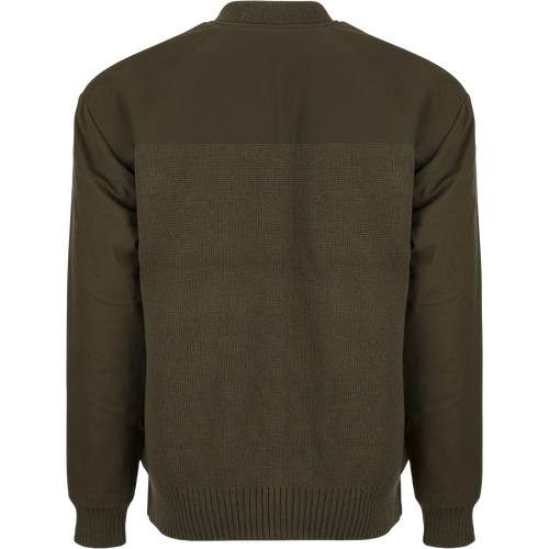 McAlister Waterfowler's Sweater: A wool pullover with rib-knit cuffs and hem. Dry waxed canvas upper body, shoulders, and arms.