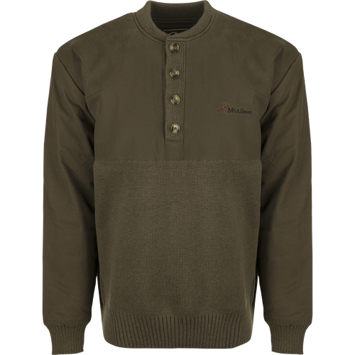 A close-up of the McAlister Waterfowler's Sweater, a green wool pullover with a 4-button quarter placket. Rib-knit cuffs and hem provide a stylish and comfortable fit.