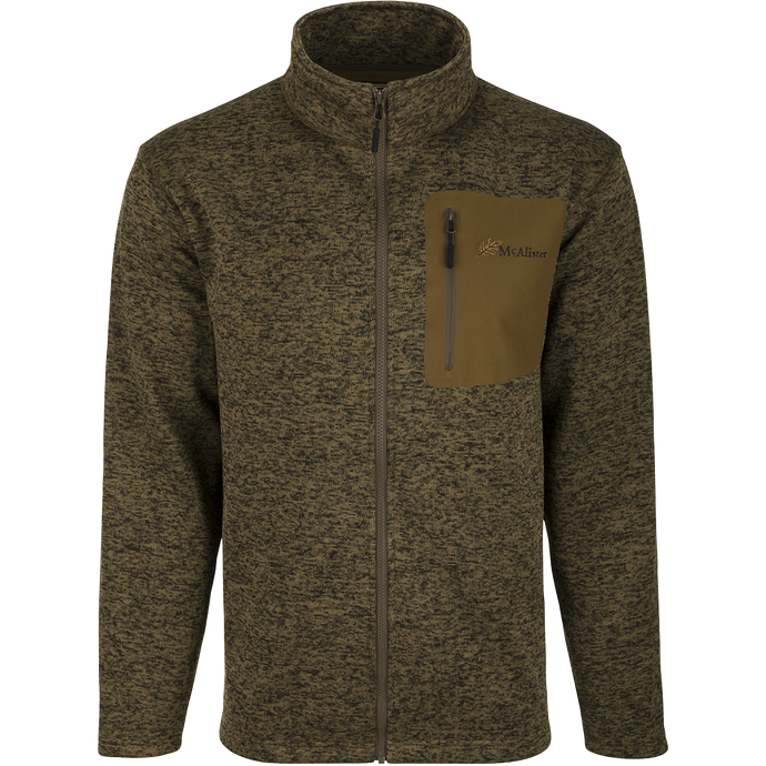 McAlister Full Zip Sweater Fleece Jacket: A polyester jacket with a zipper, chest pocket, and lower slash pockets.