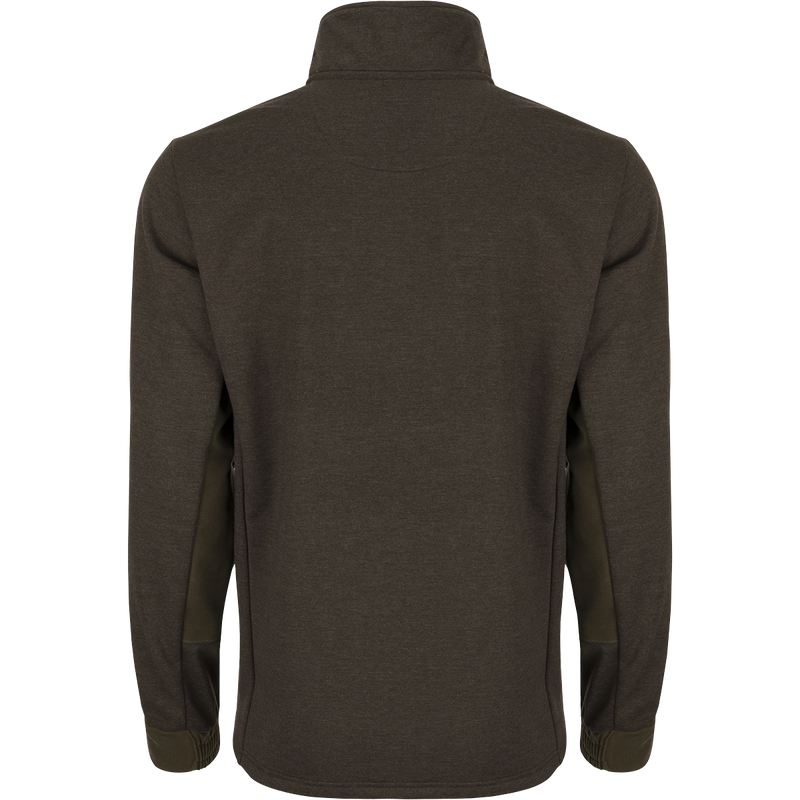 A back view of the McAlister Heritage Hybrid Windproof Jacket, featuring a cotton/polyester shell and polyester fleece lining. Includes a waxed cotton left chest pocket and zippered slash pockets for convenient storage. Perfect for outdoor activities.