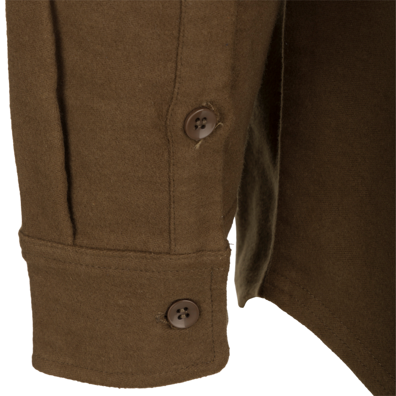 A close up of the McAlister Windproof Moleskin Jac-Shirt's buttoned collar and pocket.