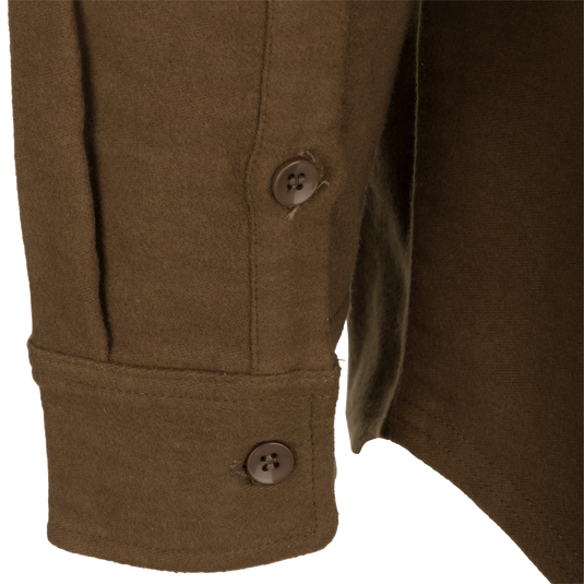 A close up of the McAlister Windproof Moleskin Jac-Shirt's buttoned collar and pocket.