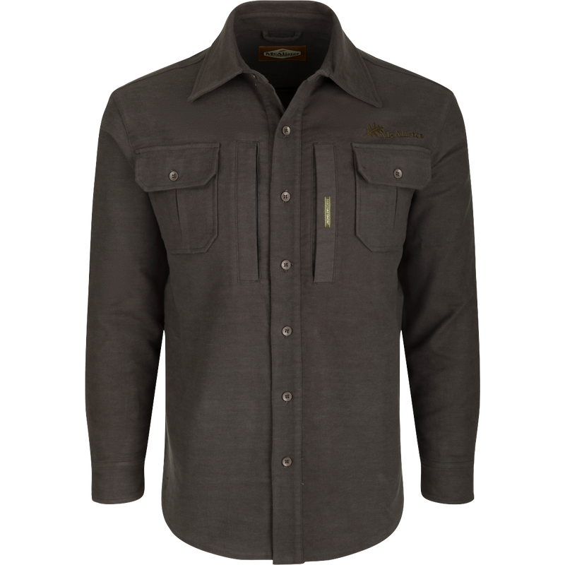 McAlister Windproof Moleskin Jac-Shirt: Long-sleeved shirt with pockets, collared design, and button details. Offers windproof protection and 4-way stretch for unrestricted movement.