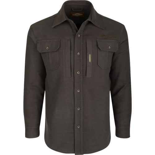 McAlister Windproof Moleskin Jac-Shirt: Long-sleeved shirt with pockets, collared design, and button details. Offers windproof protection and 4-way stretch for unrestricted movement.