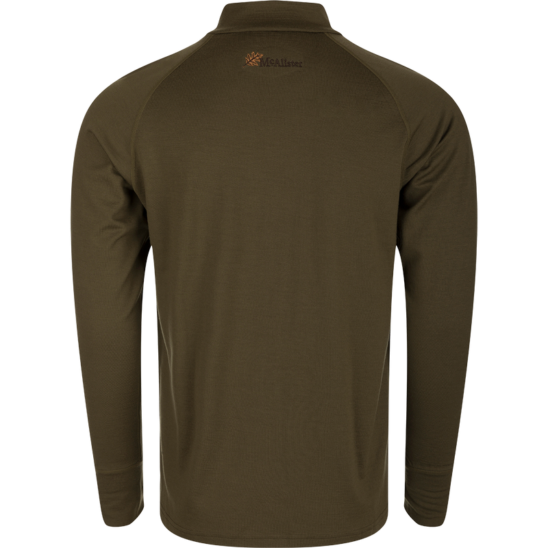 A close-up of the McAlister Merino Base Layer Crew Neck shirt with thumb hole cuffs and a low-profile crew neck.