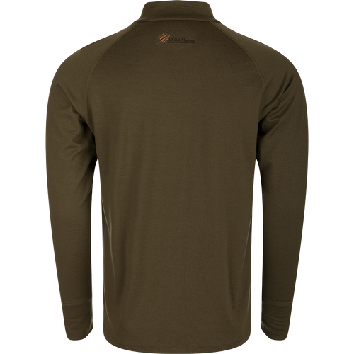 A close-up of the McAlister Merino Base Layer Crew Neck shirt with thumb hole cuffs and a low-profile crew neck.