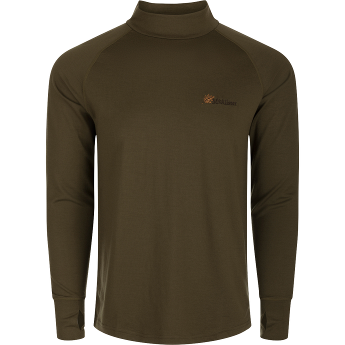 McAlister Merino Base Layer Crew Neck: A long-sleeved green shirt with logo, made of 100% Merino Wool. Thumb hole cuffs and low-profile crew neck.