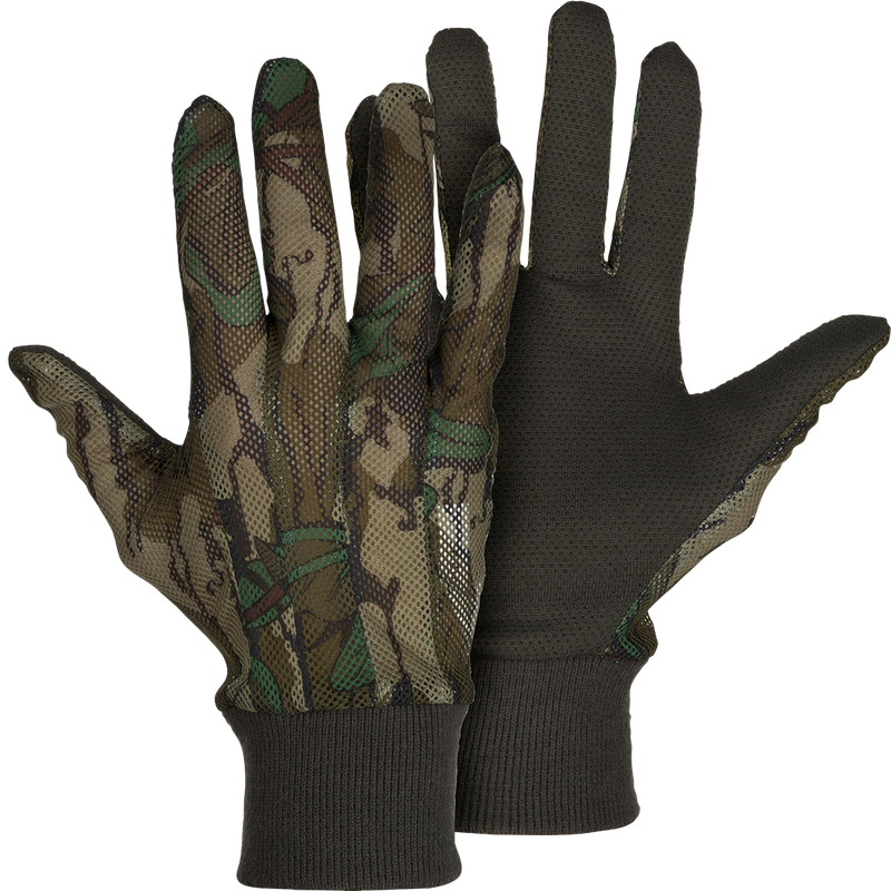A pair of Mesh-Back Gloves with camouflage pattern, providing comfortable concealment for your hands. Breathable mesh backing and rubberized grip palm for maximum breathability, ventilation, and a sure grip.