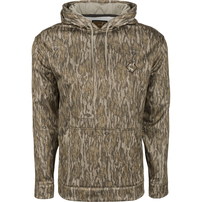 Ol' Tom Camo Performance Hoodie: A tough, everyday hoodie with a logo. Soft fleece interior for comfort and moisture management. Double-lined hood and kangaroo pouch for wind protection and warmth.