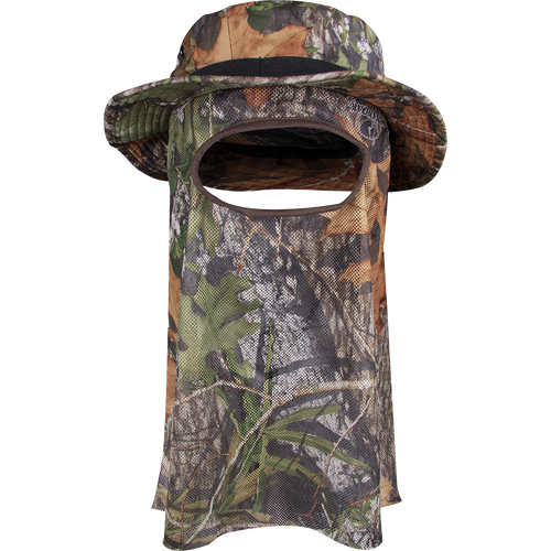 A waterproof/breathable Big Bob Boonie Hat with a built-in face mask, perfect for turkey hunting. Polyester material, adjustable drawstring, and a 2