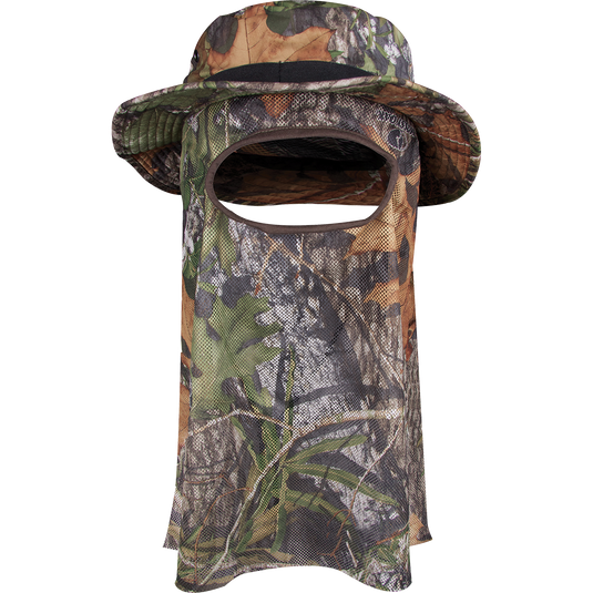 A waterproof/breathable Big Bob Boonie Hat with a built-in face mask, perfect for turkey hunting. Polyester material, adjustable drawstring, and a 2" brim.