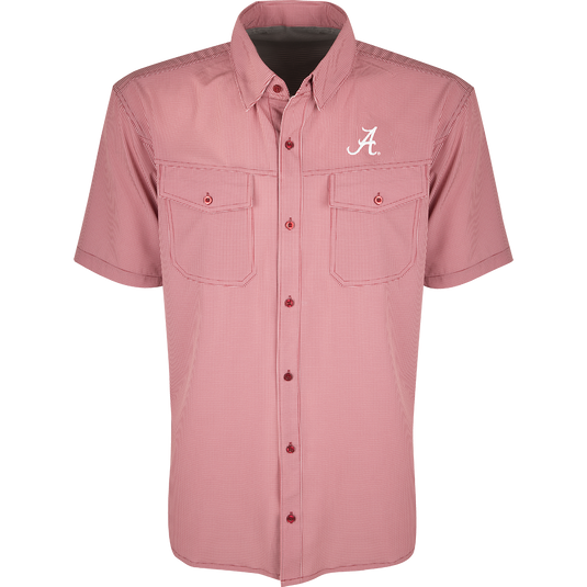 A red and white checkered shirt with collar and button flaps. Lightweight, breathable fabric with four-way stretch for freedom of movement. Ideal for football games or weekend tailgates. Alabama logo embroidered on the left chest.