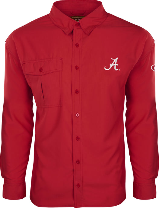 A close-up of the Alabama Flyweight™ Shirt L/S, a red button-up shirt made of 100% polyester Flyweight™ fabric. Designed for warm-weather outdoor activities, it features quick-drying and breathable properties, vented mesh back, and a large chest pocket. Offers UPF 50+ sun protection.