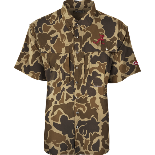 Alabama S/S Flyweight Wingshooter: A lightweight camouflage shirt with a red logo. Designed for warm-weather outdoor activities, it features quick-drying, moisture-wicking fabric, UPF 50+ sun protection, vented back, and multiple pockets. Perfect for hunting and fishing.