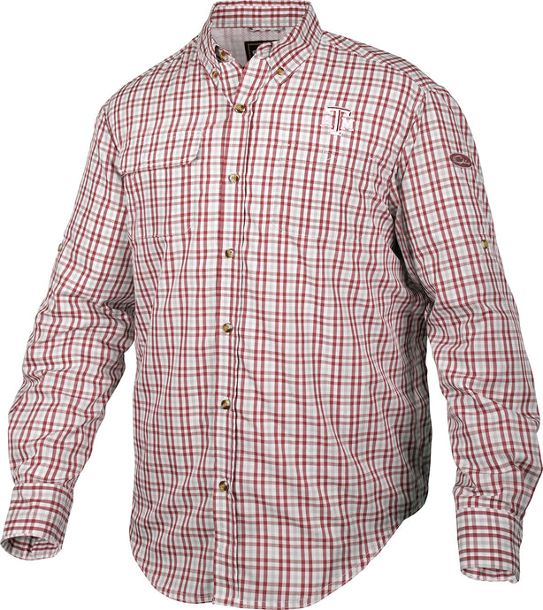 Texas A&M Gingham Plaid Wingshooter's Shirt L/S: A new long sleeve shirt with a red and white plaid pattern, perfect for cool Fall mornings or football games. Features vented mesh back, large chest pockets, and quick drying fabric.