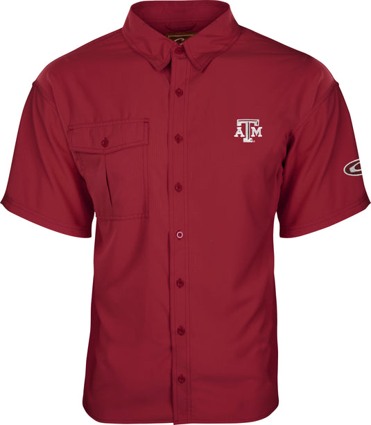 Texas A&M Flyweight™ Shirt S/S: Red shirt with logo, designed for warm-weather outdoor activities. Quick drying, breathable, and UPF 50+ sun protection. Vented mesh back & vertical chest pockets.