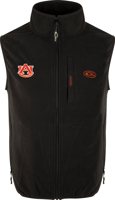 Auburn Camp Fleece Vest: Windproof, water resistant vest with Auburn logo embroidery on right chest. Stand-up collar, Magnattach™ pocket, and hand warmer pockets.