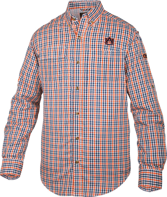 Auburn Gingham Plaid Wingshooter's Shirt L/S: A long-sleeved shirt with a logo, orange and blue plaid pattern, and large chest pockets. Made of polyester and nylon for a perfect weight. 