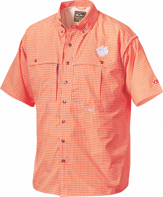 Clemson Plaid Wingshooter's Shirt Short Sleeve: Breathable, quick-drying shirt with front and back ventilation for coolness. Features Clemson University's Tiger Paw logo on left chest.