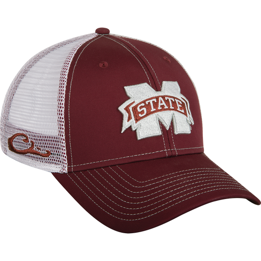 Mississippi State Mesh Back Cap - A red and white hat with a logo, featuring a cool, breathable mesh back and solid color front panels. Stretch-fit design with raised front team logo embroidery. Cotton/mesh construction with semi-structured mesh-back panels and lightly structured front panels. Snap back closure.