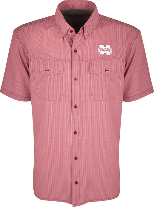 A red and white checkered shirt with collar, buttons, and short sleeves. Made of lightweight, breathable poly/spandex fabric with four-way stretch for freedom of movement. Ideal for early season football games or weekend tailgates. Features moisture-wicking and wrinkle-resistant construction. MSU logo embroidered on the left chest.