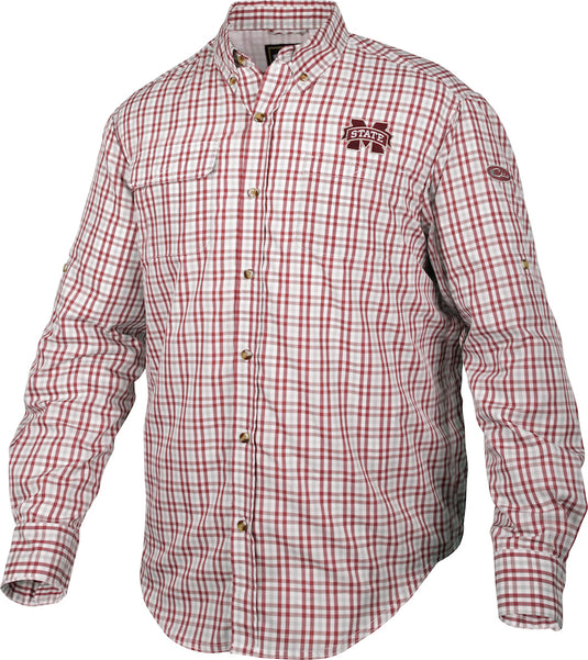 A Mississippi State Gingham Plaid Wingshooter's Shirt L/S, featuring a red and white plaid pattern, long sleeves, and button-down collar. Made of a polyester and nylon blend, it offers comfort and style for cool Fall mornings or football games. Front and back heat vents, mesh back for air circulation, and 2 large chest pockets provide functionality. Perfect for hunting and outdoor activities.