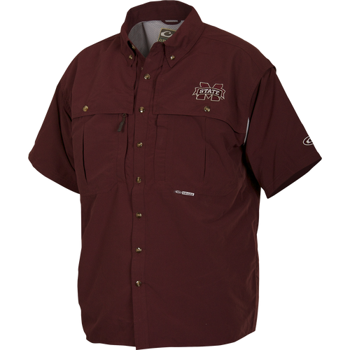 A breathable, quick-drying Mississippi State Wingshooter's Shirt with front and back ventilation. Features oversized chest pockets, Magnattach™ pocket, and zippered pocket.