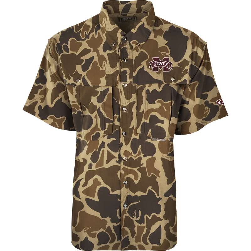 Mississippi State S/S Flyweight Wingshooter: A camouflage shirt with a logo, made of ultra-lightweight polyester. Quick-drying, moisture-wicking, and breathable. Features include vented back, UPF 50+ sun protection, Magnattach™ chest pocket, and a vertical zipper pocket. Ideal for warm-weather outdoor activities.
