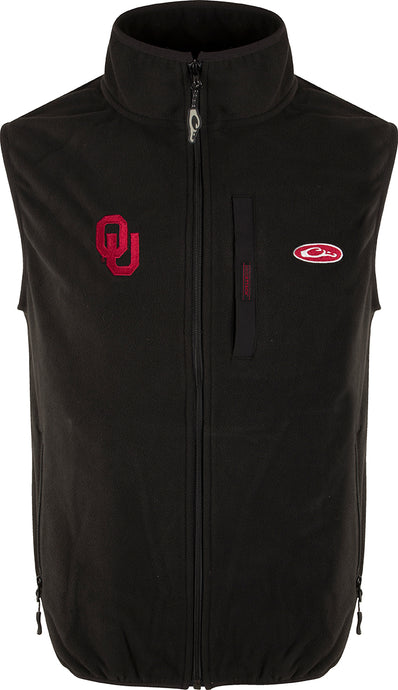 Oklahoma Camp Fleece Vest with logo, windproof and water resistant. Stand-up collar, Magnattach™ pocket, hand warmer pockets. Final Sale.