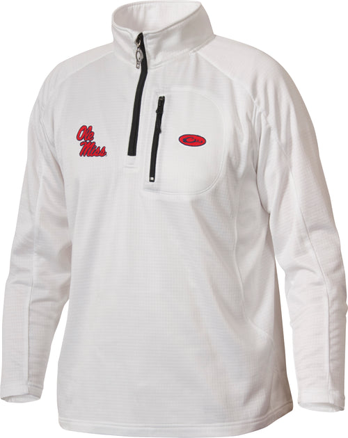 A white jacket with a logo on the right chest, perfect for active outdoorsmen. Made of 100% polyester with 4-way stretch and square check fleece backing. Features a vertical front chest zippered pocket. The ideal layer for cool weather.