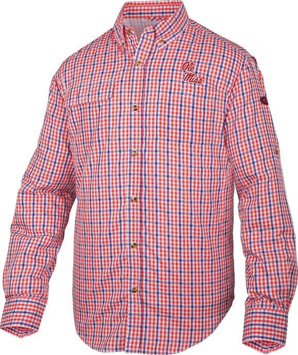Ole Miss Gingham Plaid Wingshooter's Shirt L/S - A stylish long sleeve shirt with a plaid pattern, perfect for cool Fall mornings or football games. Features vented mesh back, large chest pockets, and quick drying fabric.