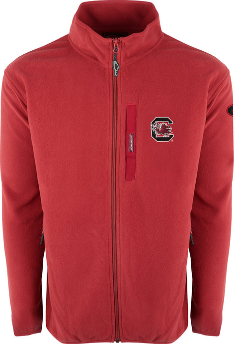 South Carolina Full Zip Camp Fleece: A red jacket with a logo on the right chest, perfect for cool fall days. Midweight layering garment made of 100% polyester micro-fleece with anti-pill treatment and moisture-wicking properties.