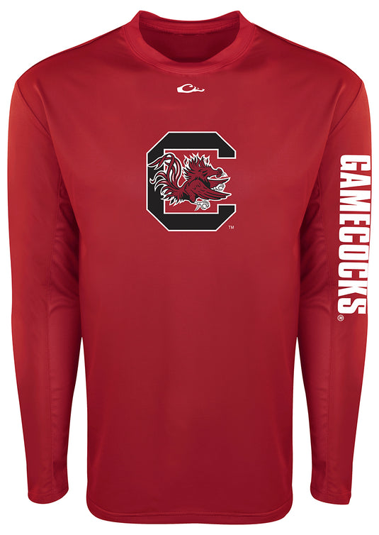 South Carolina L/S Performance Shirt: A red long-sleeved shirt with a logo on it. Provides optimal sun protection and comfort with breathable mesh on the back and underarms. Made with 92% polyester / 8% spandex blended fabric and 100% polyester mesh fabric. Features Shield 4™ technology for all-around protection from the elements.