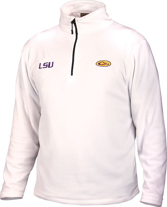 A white LSU Camp Fleece 1/4 Zip Pullover with embroidered logo, perfect for cool fall days. Midweight layering garment made of 100% Polyester micro-fleece with anti-pill finish and moisture-wicking properties.
