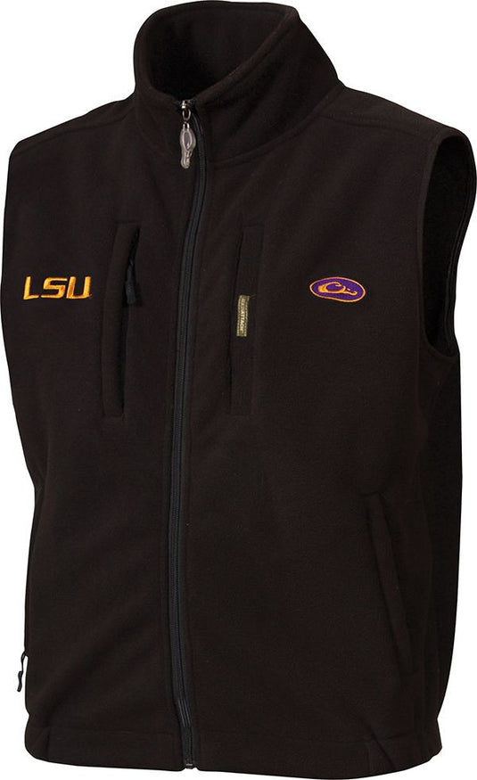 LSU Windproof Layering Vest with black fabric and yellow logo embroidery on right chest. Features stand-up collar, zippered license/key pocket, and hand warmer pockets. Windproof and water resistant for ultimate comfort.