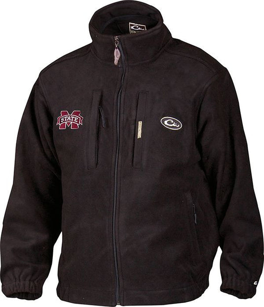 A windproof layering coat with Mississippi State logo on the right chest. Features vertical zippered chest pockets and lower hand warmer pockets with zippered closures.