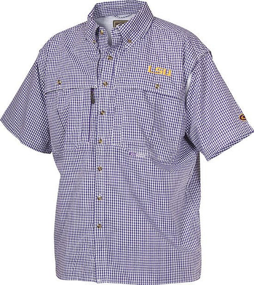LSU Plaid Wingshooter's Shirt: Breathable, quick-drying shirt with front and back ventilation. Features LSU logo on left chest. Perfect for outdoor activities or casual office days.