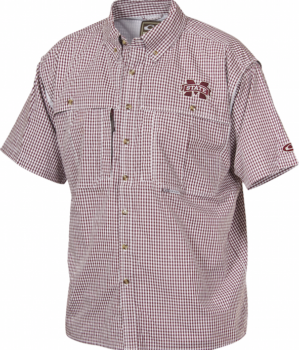 Mississippi State Plaid Wingshooter's Shirt Short Sleeve, a breathable and quick-drying shirt with front and back ventilation for coolness. Features an extended stand-up collar for sun protection and embroidered State logo on left chest. Perfect for outdoor activities or casual office days.