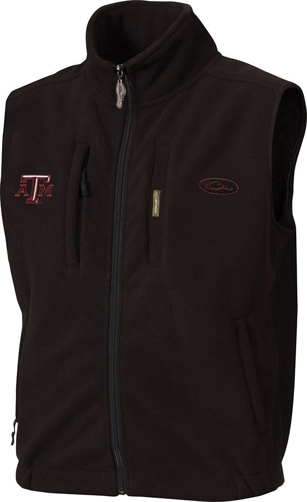 Texas A&M Windproof Layering Vest with logo embroidery on right chest. Black vest with zipper, stand-up collar, and multiple pockets.