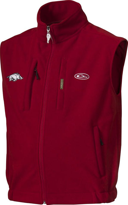 Arkansas Windproof Layering Vest with logo embroidery. Red vest with stand-up collar, zippered pocket, and hand warmer pockets. Windproof, water resistant, ultra-warm fleece. High quality hunting gear.