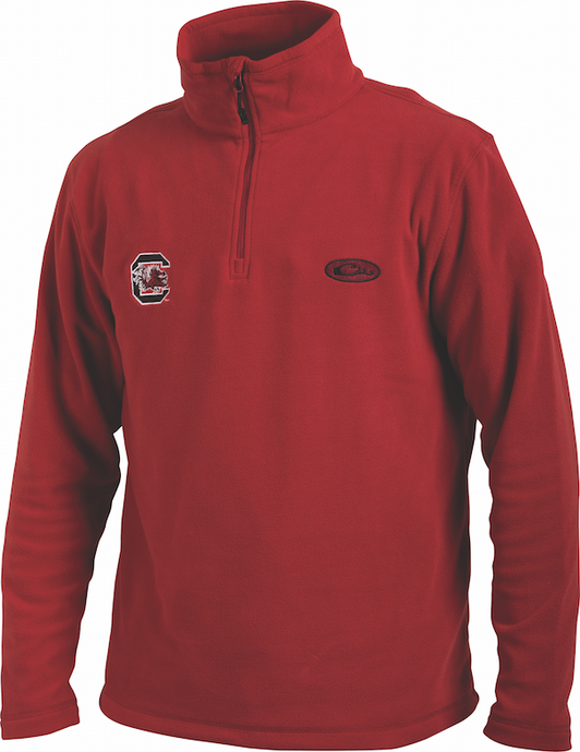 A midweight red sweatshirt with a logo of the University of South Carolina embroidered on the right chest. Made of 100% polyester micro-fleece with an anti-pill finish for longer fabric life. Perfect for cool fall days.