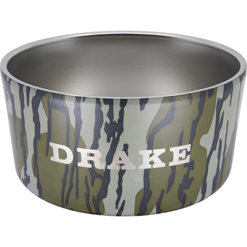 Team Gun Dog Insulated Stainless Steel Dog Bowl with Lid, featuring a camouflage pattern, stenciled DRAKE, and includes a nonslip bottom and collapsible lid.